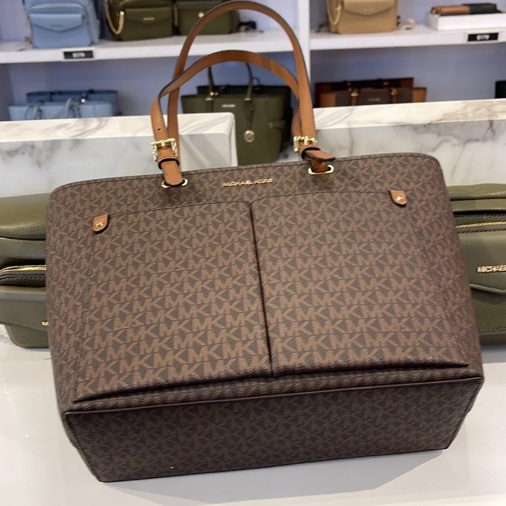 MICHAEL KORS JET SET TRAVEL MEDIUM DOUBLE POCKET TOTE BROWN SIGNATURE NWT